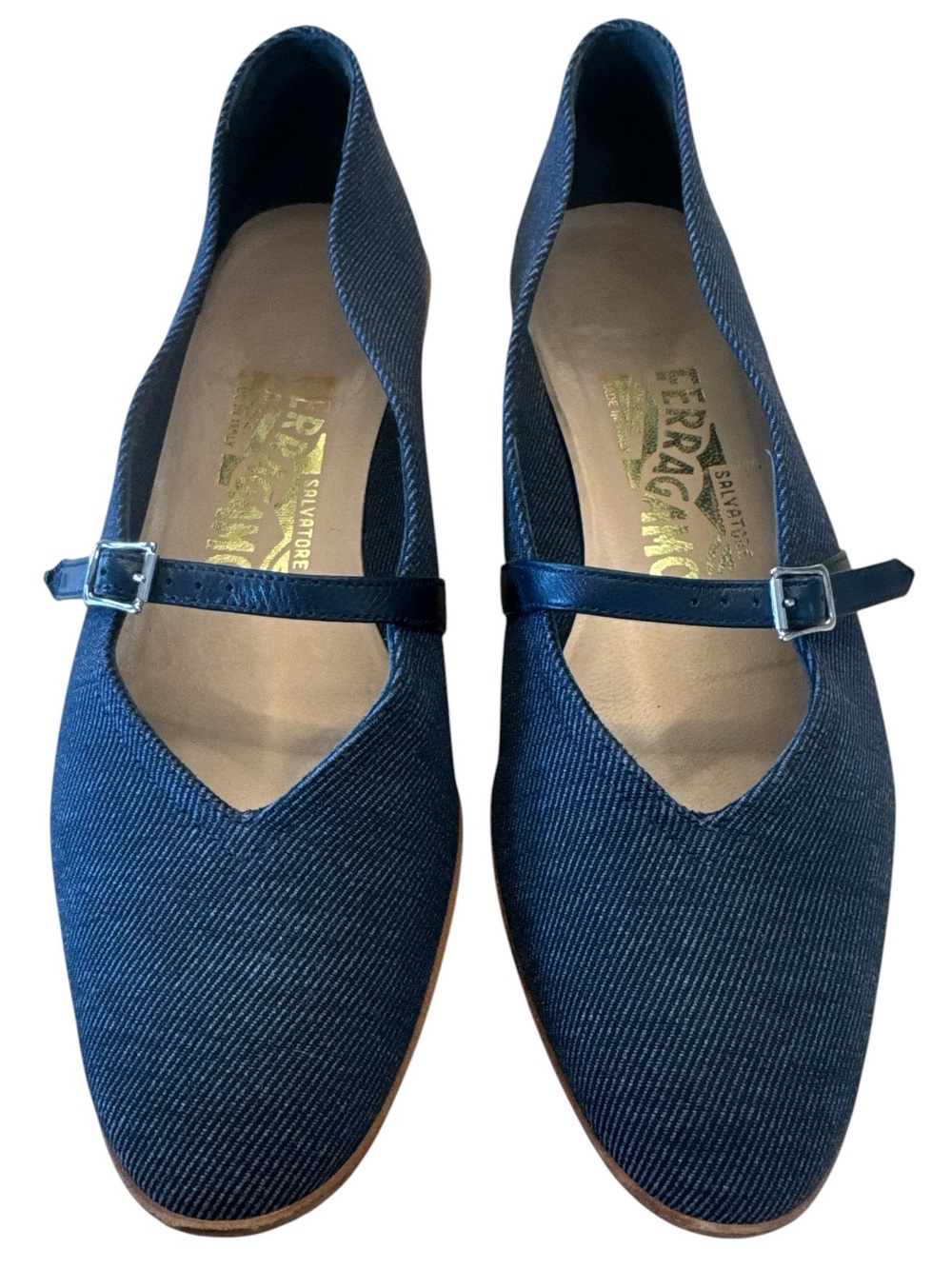 Salvatore Ferragamo Audrey Navy Denim Mary Jane Flats - Size 7AA (7 A2 Narrow) L